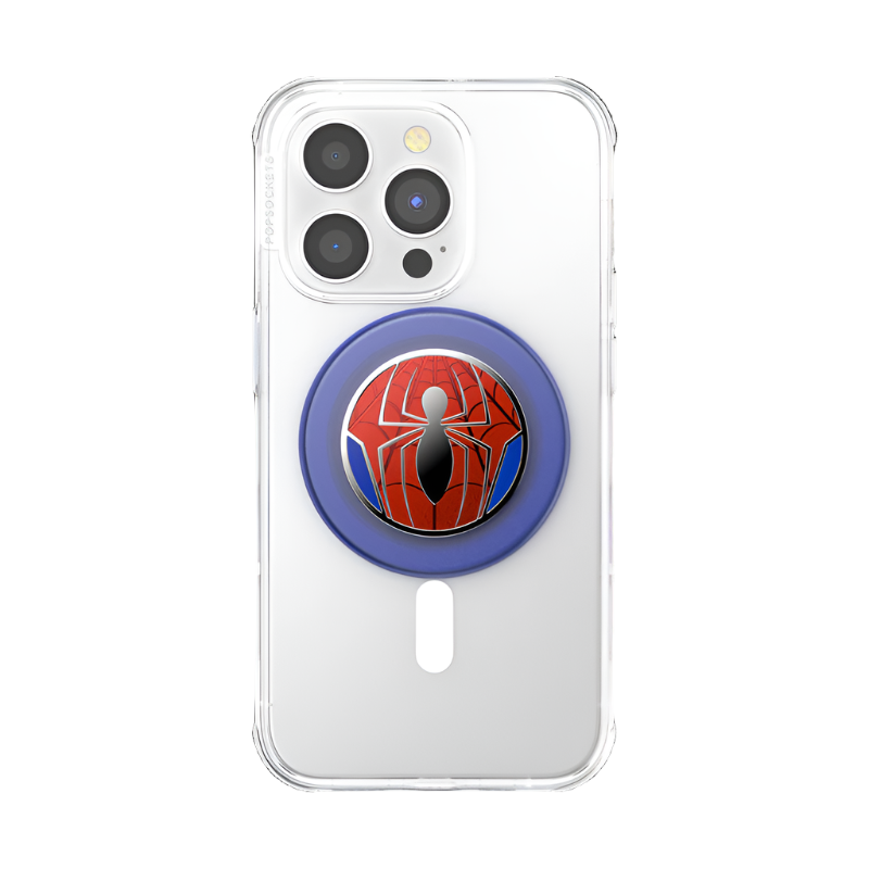  A clear smartphone case with a PopSocket phone grip attached to its back. The PopSocket features a Spider-Man inspired design with a red and blue spider web pattern and a stylized silver spider emblem in the center. The base of the PopSocket is blue. The phone's camera and flash are visible at the top, and the phone itself appears to be white.