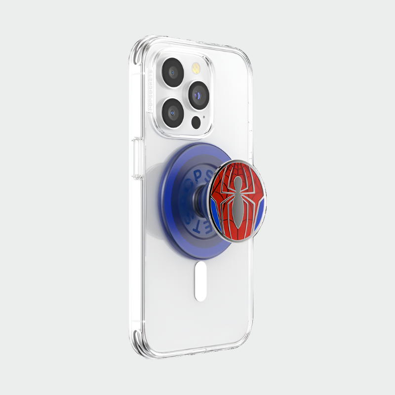  A clear smartphone case with a PopSocket phone grip attached to its back. The PopSocket is in an expanded state and features a blue base with the word "POPSOCKETS" embossed on it. The top surface of the PopSocket displays a Spider-Man inspired design, including a red and blue spider web pattern and a stylized silver spider emblem in the center. The phone's camera and flash are visible at the top left corner.