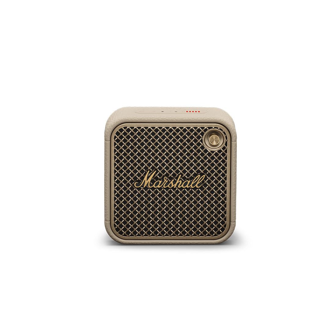 Marshall compact Bluetooth speaker with signature vintage design and gold accents.