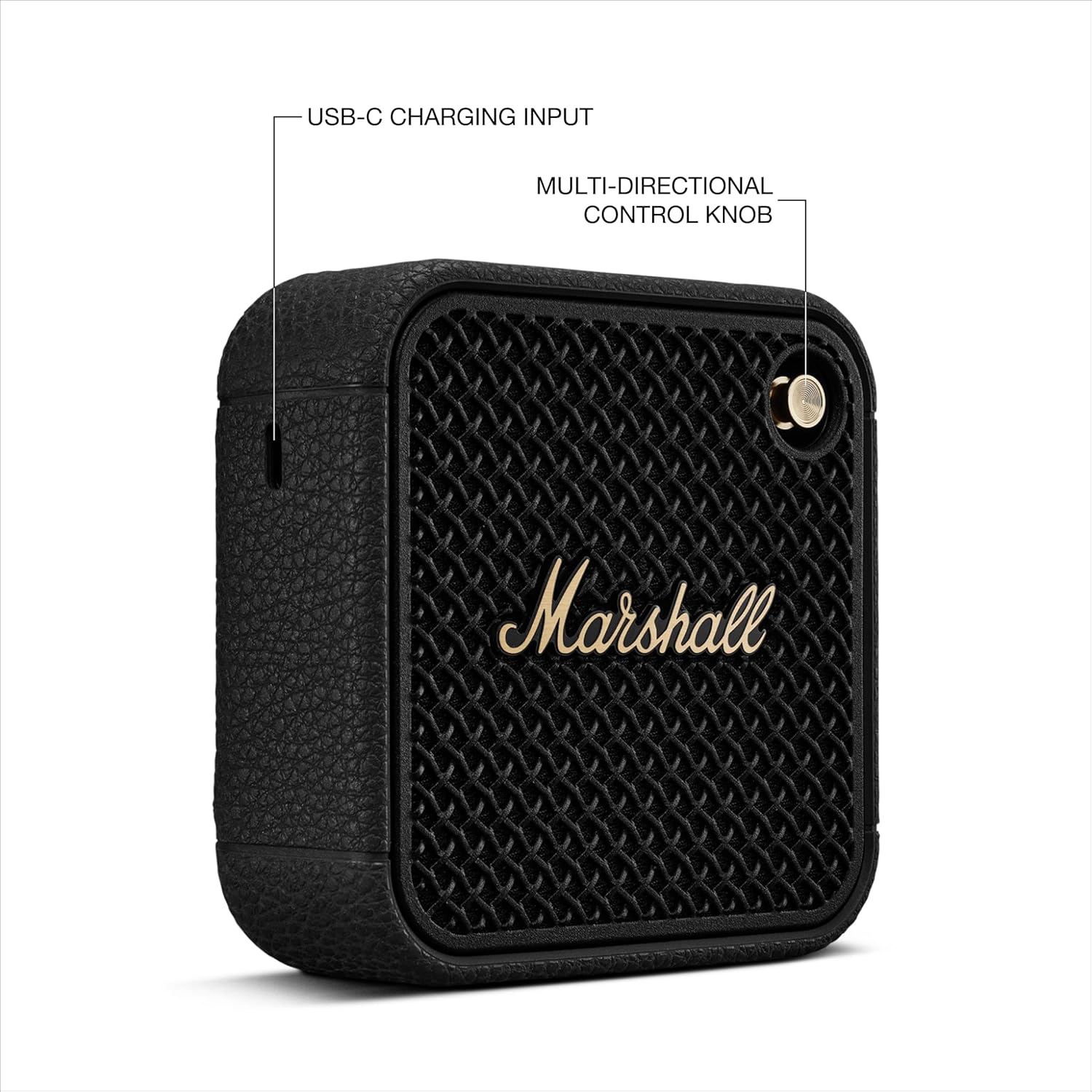 Marshall portable Bluetooth speaker featuring a USB-C charging input and multi-directional control knob for easy navigation and functionality.