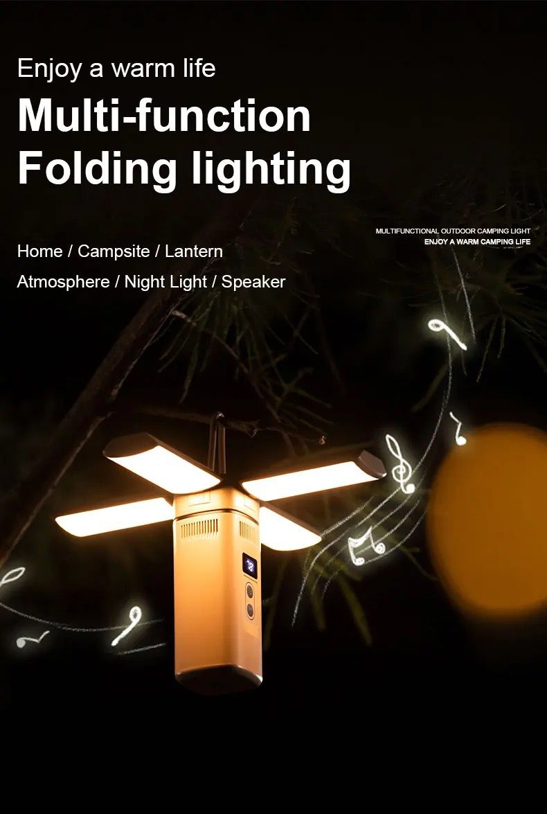 This image advertises a multi-functional folding light designed for various uses, such as at home, campsites, or as a lantern. The light is shown in its fully extended form, with its foldable light panels open, casting a warm glow. The text emphasizes its versatility, describing it as suitable for creating atmosphere, serving as a night light, or functioning as a speaker. Musical notes are depicted around the light, highlighting its ability to play music, enhancing the ambiance of the environment. The tagli