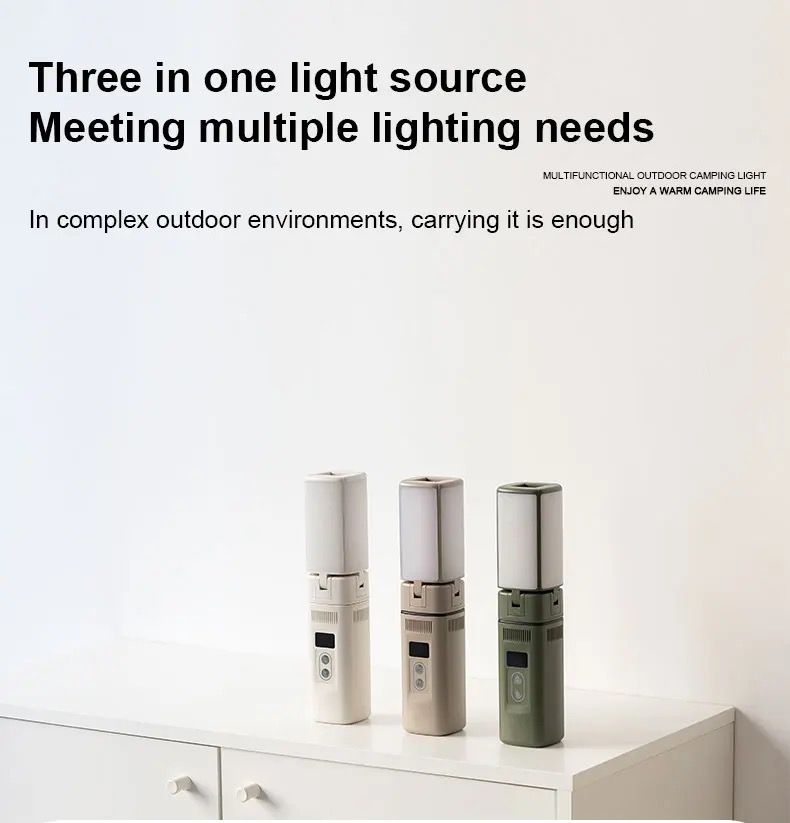 This image highlights a three-in-one light source designed to meet multiple lighting needs, particularly in complex outdoor environments. The product is shown in three different colors—white, beige, and green—lined up on a surface. The design is sleek and portable, making it easy to carry for various outdoor activities. The tagline emphasizes the light's versatility and effectiveness, stating that carrying it is sufficient for lighting needs in challenging environments. The compact and functional design mak