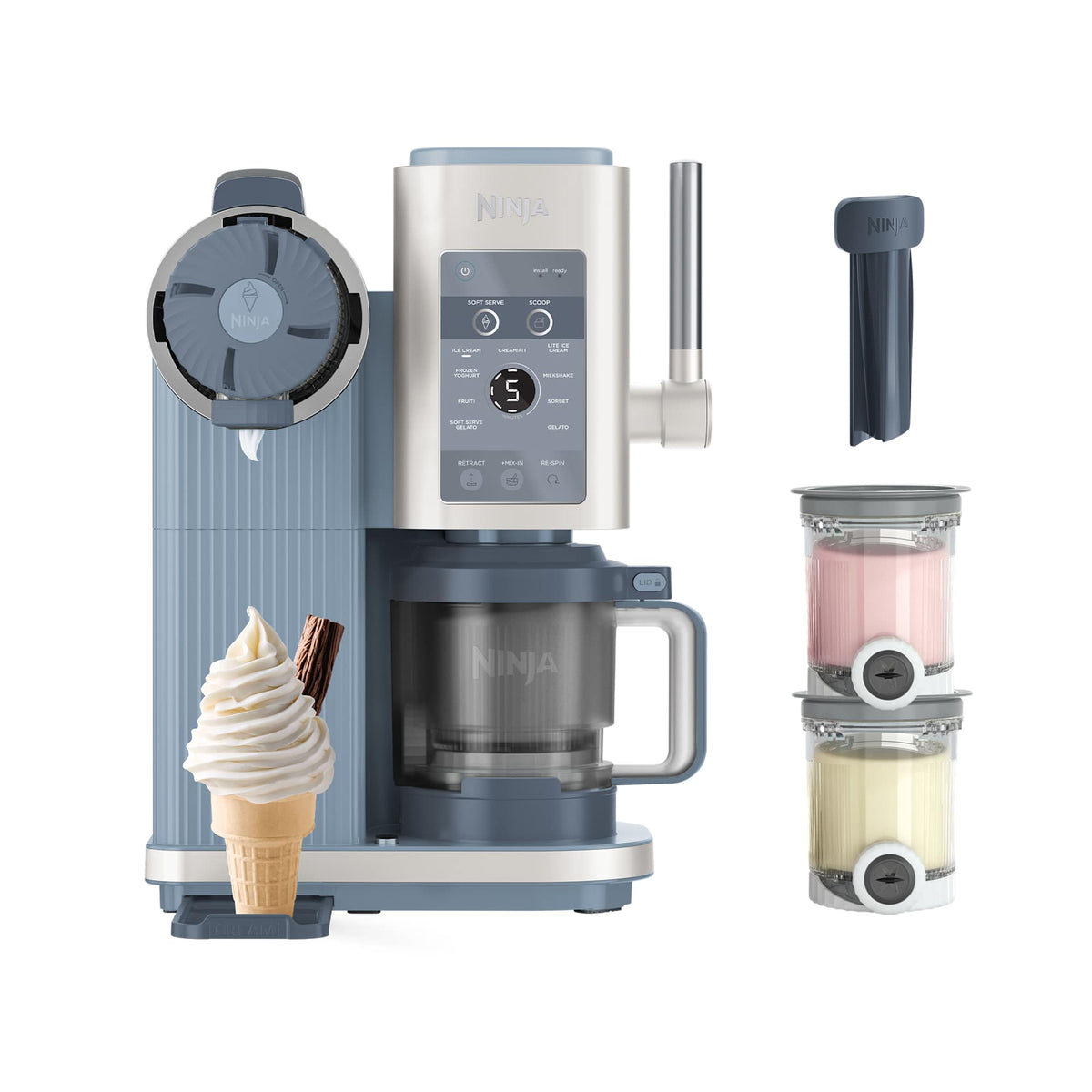 Ninja CREAMi Scoop & Swirl NC702EU soft serve and ice cream maker in Steel Blue with Mix-In Tool and 480 ml tubs