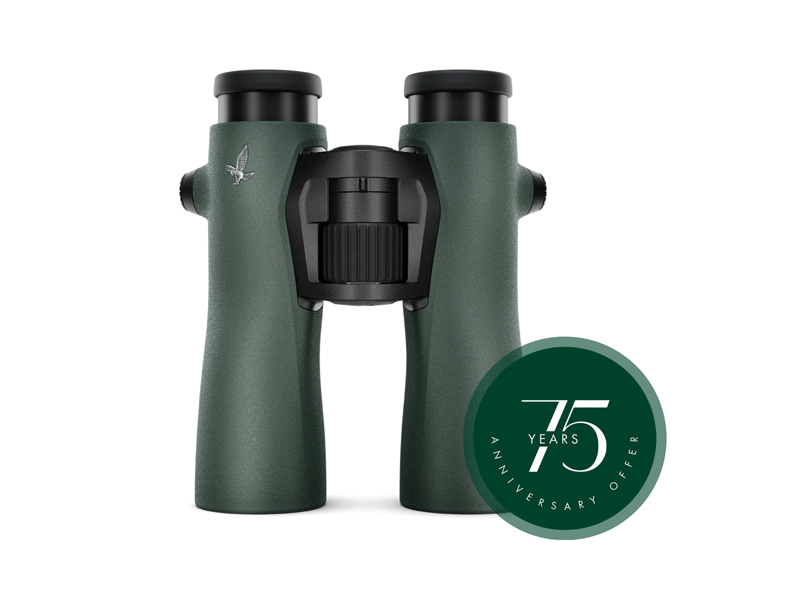 A front view of green Swarovski binoculars, featuring a sleek ergonomic design with a "75 Years Anniversary Offer" badge in the corner.