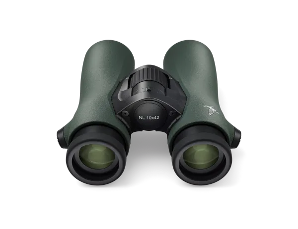 A front view of Swarovski NL 10x42 binoculars, showcasing their green textured finish, precision lenses, and ergonomic design with a central focus wheel.