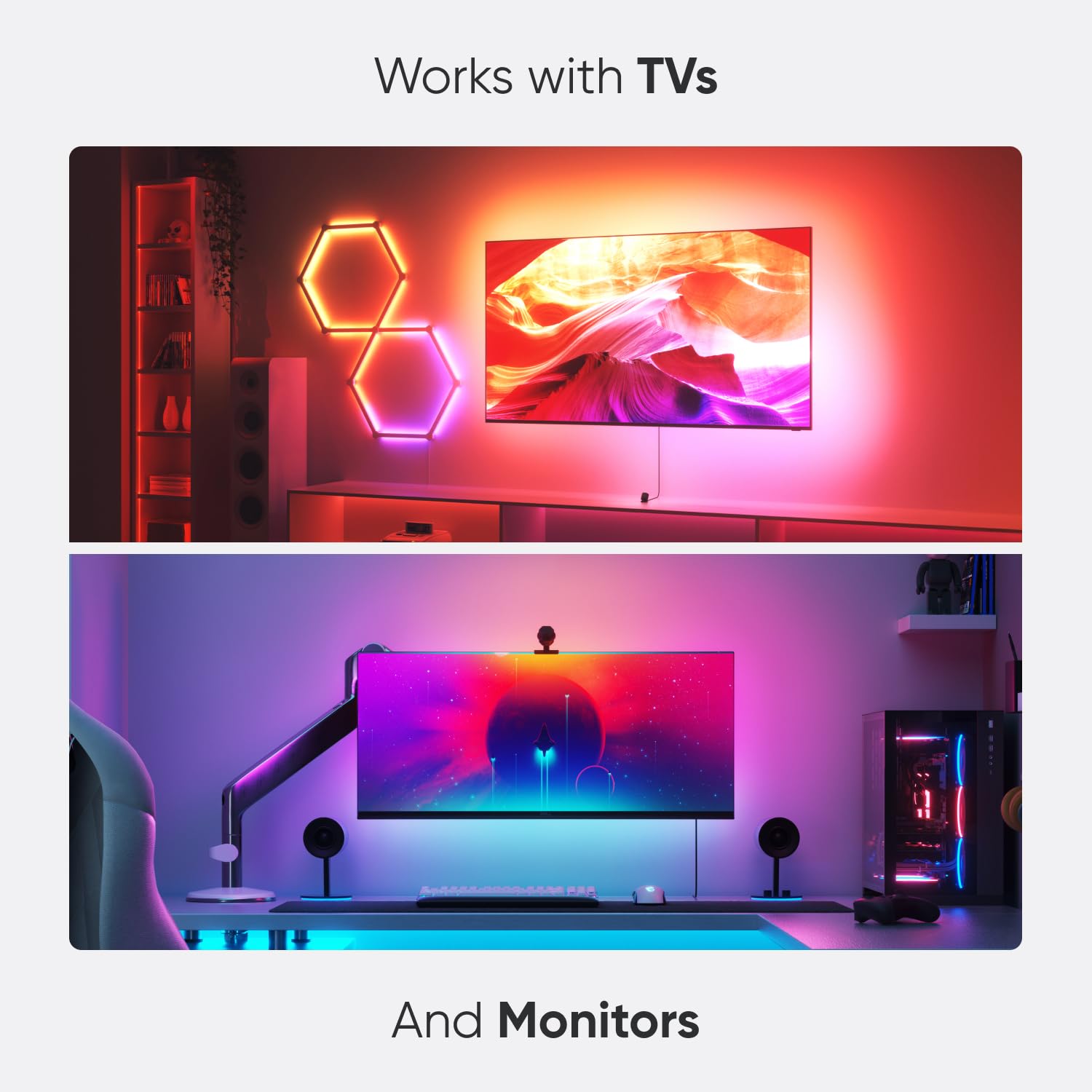 Nanoleaf lighting solutions compatible with TVs and monitors, enhancing visual experience with synchronized ambient lighting for home and gaming setups.