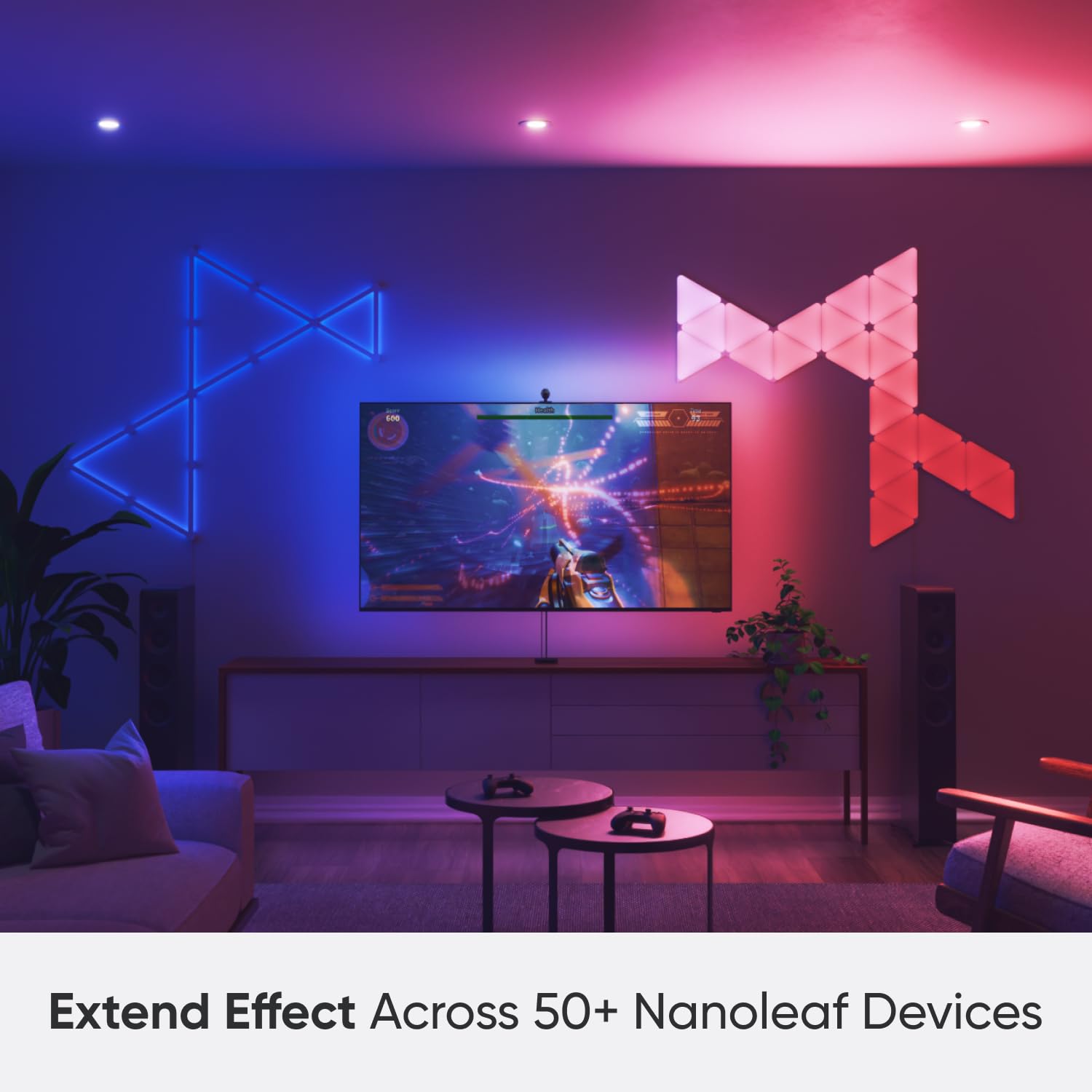 Nanoleaf extend effect, seamless lighting synchronization across 50+ devices, creating an immersive and cohesive smart home atmosphere.