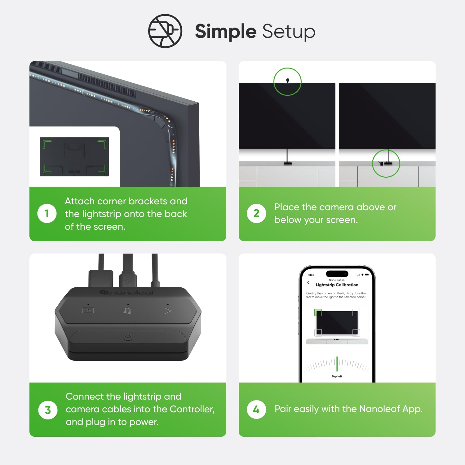 Nanoleaf 4D simple setup guide, step-by-step instructions for attaching lightstrip, positioning the camera, connecting to the controller, and pairing with the Nanoleaf app.