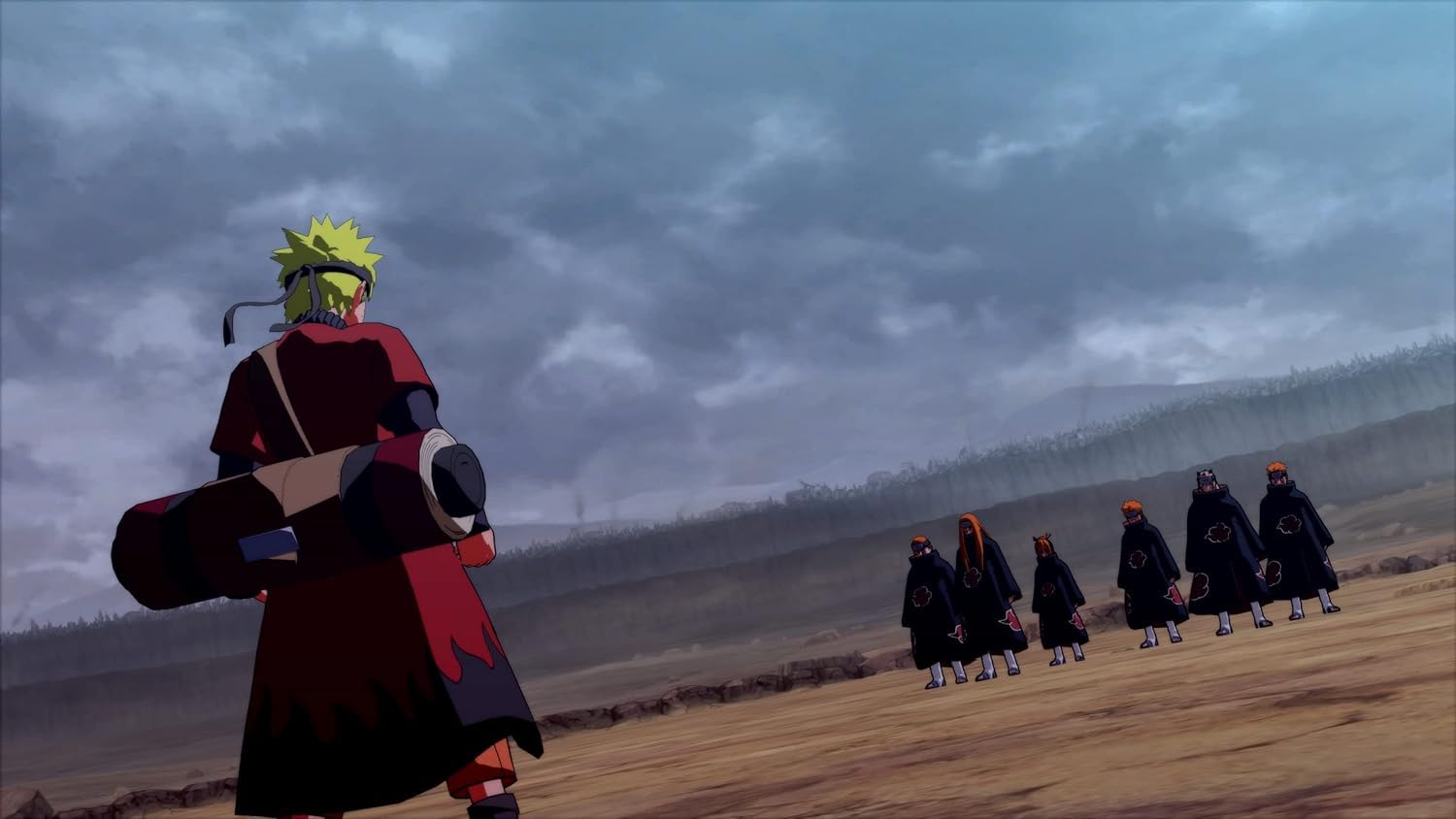 Anime character facing off against a group of cloaked figures under a cloudy sky in a barren landscape.