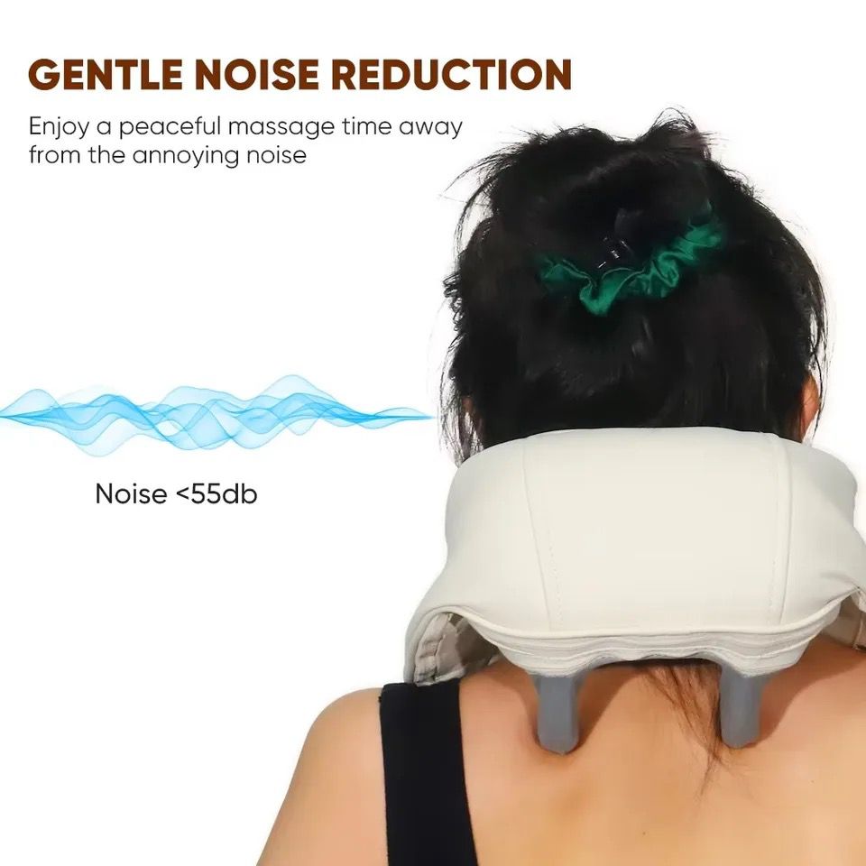 This image promotes the gentle noise reduction feature of a neck and shoulder massager, emphasizing a quiet operation that enhances the relaxation experience. The massager is shown in use, with a person wearing it around their neck, highlighting its ergonomic design.  The text indicates that the device operates at a noise level of less than 55 decibels, ensuring a peaceful massage time free from annoying noise distractions. The imagery and the accompanying text convey that this massager is designed not only