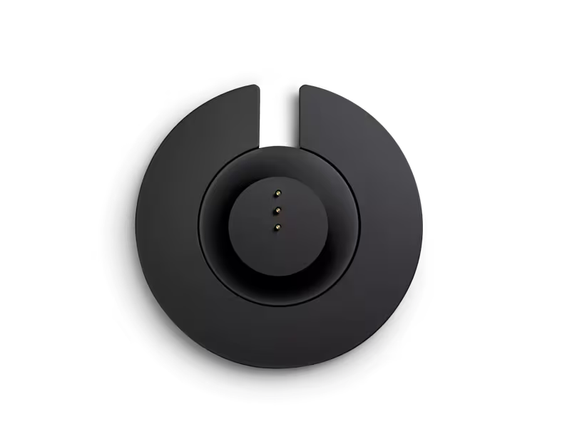 Black wireless earbud on a white background