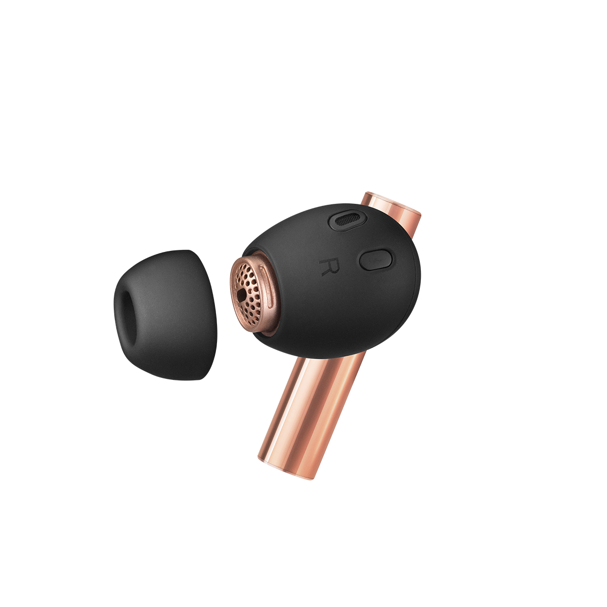 Single Honey Tone earbud showing polished aluminium stem
