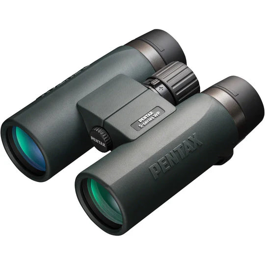 Pentax 10x42 S-Series SD WP binoculars in a dark green body with large objective lenses and rubberized armor for a secure grip and durability"