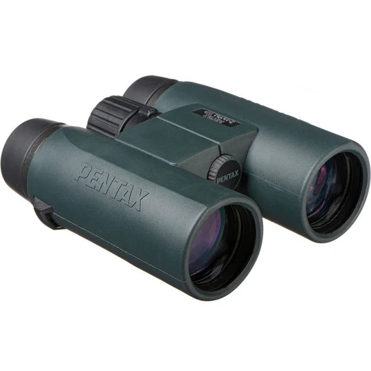 Pentax 10x42 S-Series SD WP binoculars in dark green with a compact design featuring large objective lenses and durable rubberized armor for a secure grip