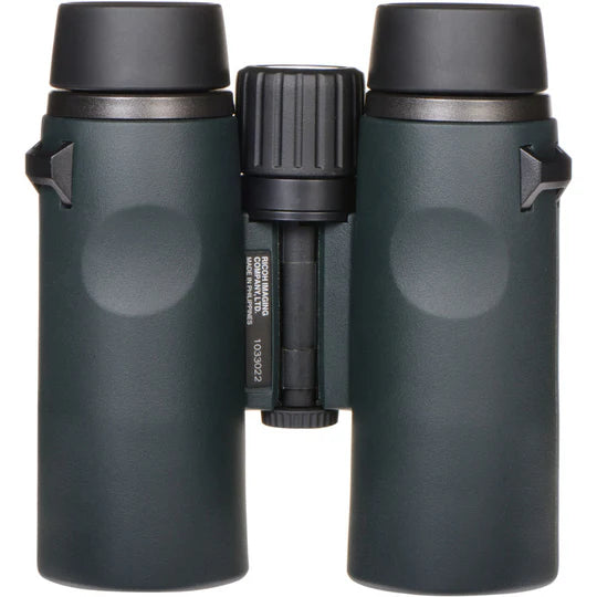 Rear view of Pentax 10x42 S-Series SD WP binoculars showcasing the durable and ergonomic design with dark green rubberized coating for a secure grip