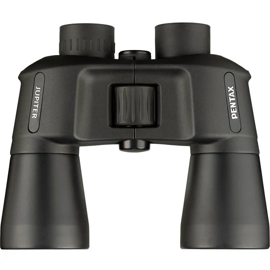 A top view of a pair of Pentax Jupiter 10x50 binoculars, labeled "Jupiter" on the left barrel and "Pentax" on the right barrel. The binoculars feature a central focusing knob for easy adjustment and large objective lenses for enhanced light-gathering capabilities. 