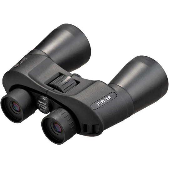 A pair of Pentax Jupiter 10x50 binoculars featuring a sleek black design with large objective lenses for enhanced light-gathering capabilities. The binoculars have a central focusing knob for easy adjustments and comfortable eyepieces.