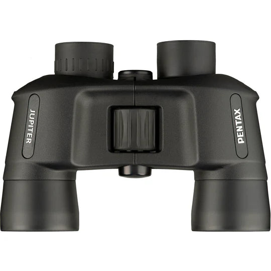 A top view of a pair of Pentax Jupiter 8x40 binoculars, labeled "Jupiter" on the left barrel and "Pentax" on the right barrel. The binoculars feature a central focusing knob for easy adjustment and large objective lenses for enhanced light-gathering capabilities.