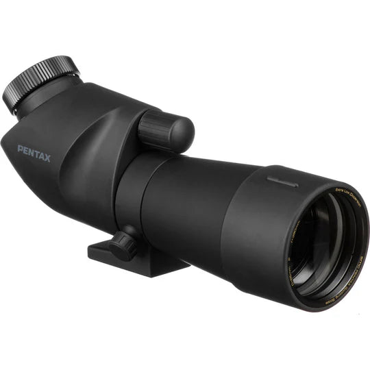 A Pentax spotting scope with a sleek, matte black finish. The scope features a large objective lens for clear and bright viewing, along with a built-in eyepiece. The focusing knob is located conveniently on the body for easy adjustments. The scope has a mounting bracket for attaching to tripods, making it ideal for stable and extended use. Its compact and robust design ensures durability and portability, making it perfect for bird watching, hunting, and other outdoor observational activities.