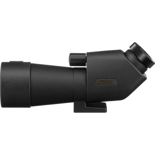 A side view of a Pentax spotting scope with a matte black finish. The scope showcases its large objective lens and built-in eyepiece. The focusing knob is prominently positioned on the body for easy adjustments. The mounting bracket for tripod attachment is visible, emphasizing the scope's suitability for stable and extended use. This robust and compact design ensures durability and portability, making it an ideal choice for bird watching, hunting, and other outdoor observational activities.