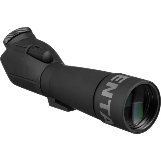 A black spotting scope with a sleek, cylindrical body and a large objective lens at the front. The scope has an angled eyepiece with an adjustable focus ring, and the brand name "PENTAX" is prominently displayed near the objective lens. The design features a smooth finish and ergonomic contours for comfortable handling.