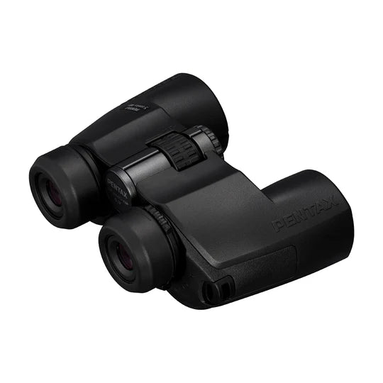 A pair of black Pentax SP 8x40 WP binoculars with a robust, ergonomic design. The binoculars feature large objective lenses and adjustable eyepieces. The central focusing wheel is prominently positioned between the two barrels. The Pentax branding is visible on the side of the right barrel. The binoculars are designed for a comfortable grip and easy handling.