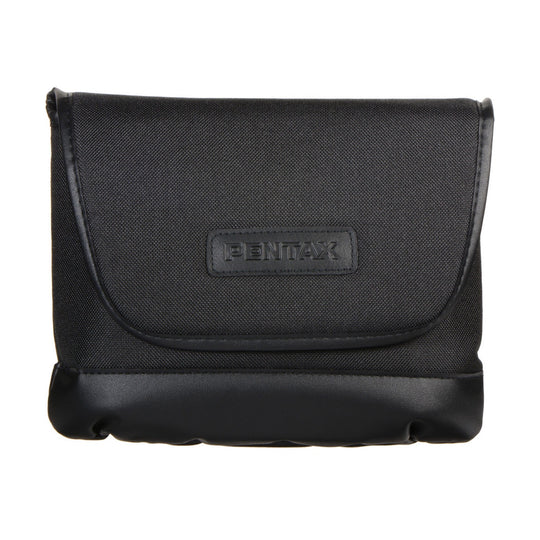  A black Pentax carrying case designed for binoculars. The case features a flap with a Velcro closure, and the Pentax logo is prominently displayed on the front. The bottom part of the case has a smooth, reinforced material for added durability. The design is compact and functional, providing protection and easy portability for the binoculars.