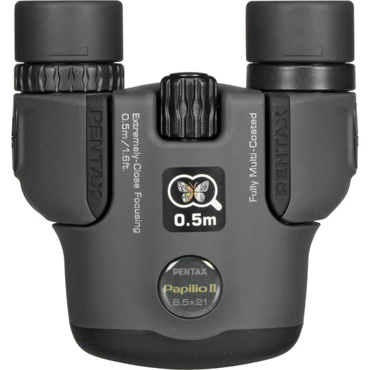 Front view of Pentax 8.5x21 U-Series Papilio II binoculars showcasing the extremely close focusing capability of 0.5m and fully multi-coated optics perfect for detailed and close-up observations