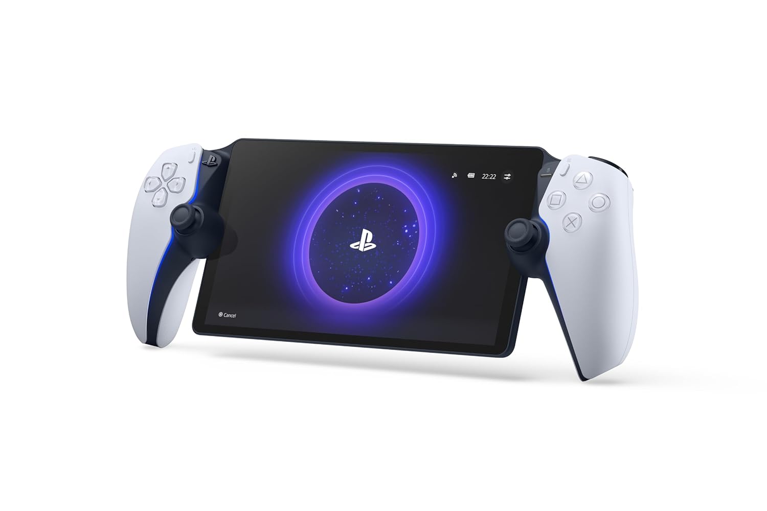 The image shows the PlayStation Portal™ Remote Player with the screen displaying a PlayStation logo surrounded by a glowing blue circular pattern. The handheld gaming device features the familiar PlayStation 5 DualSense controller grips on either side of the screen, with white grips and black accents. The design includes the standard PlayStation buttons, analog sticks, and directional pad, ensuring comprehensive control. The device is sleek, with the illuminated PlayStation logo adding a futuristic and imme