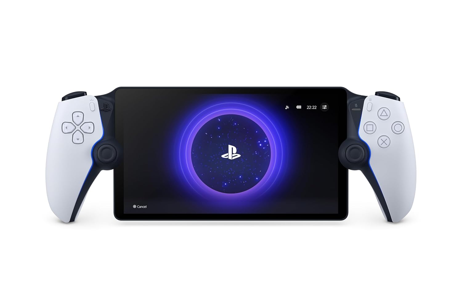 The image shows the front view of the PlayStation Portal™ Remote Player, featuring the screen centered between the PlayStation 5 DualSense controller grips. The screen displays the PlayStation logo within a glowing blue circular design against a dark background. The white controller grips include the standard PlayStation buttons, such as the directional pad, analog sticks, and action buttons, with black accents adding to the modern, sleek design. The overall look of the device emphasizes its advanced techno