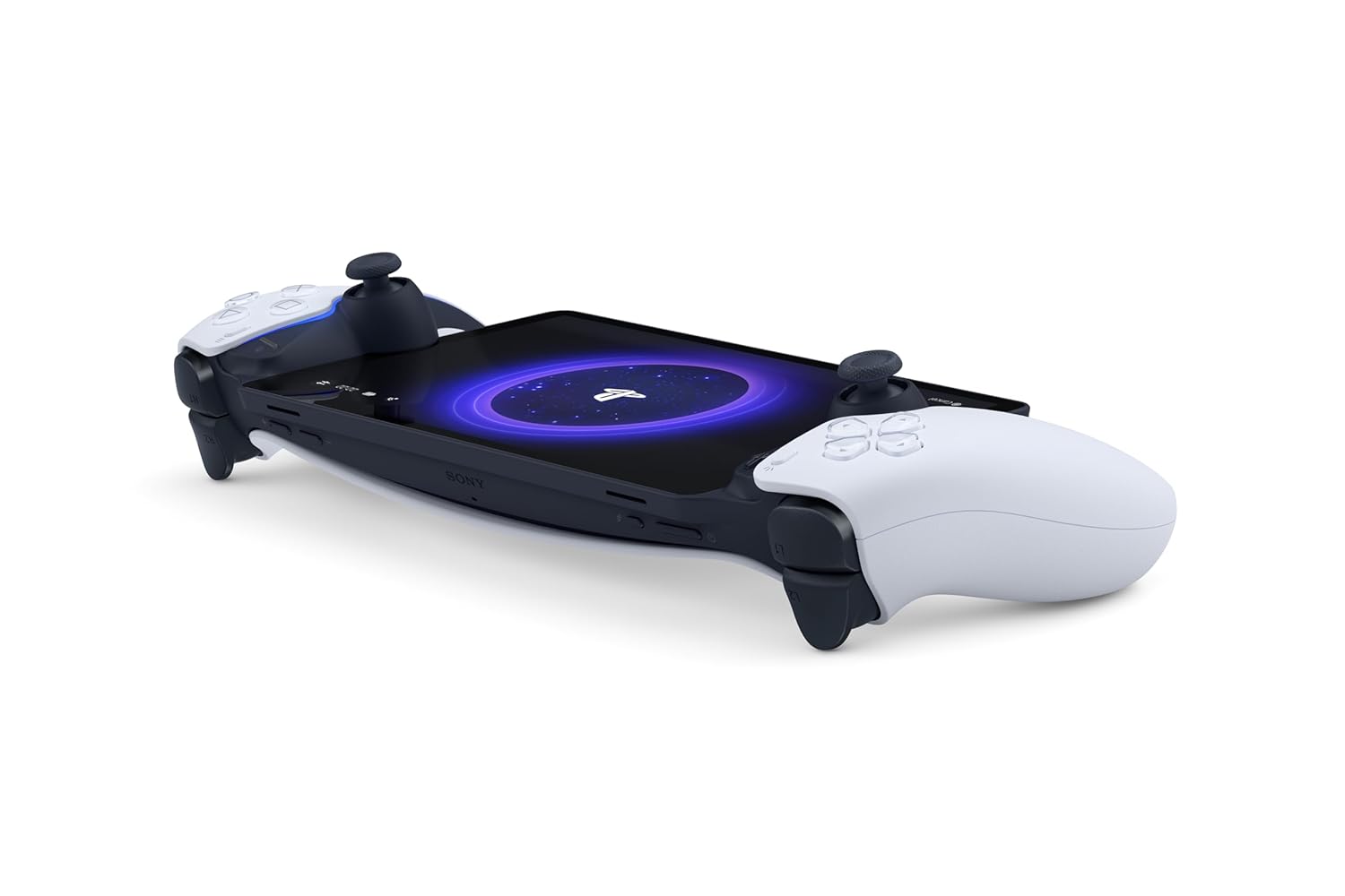 The image shows the PlayStation Portal™ Remote Player lying flat, viewed from a low angle that emphasizes its sleek, ergonomic design. The handheld gaming device features a large screen displaying the PlayStation logo within a glowing blue circular design.