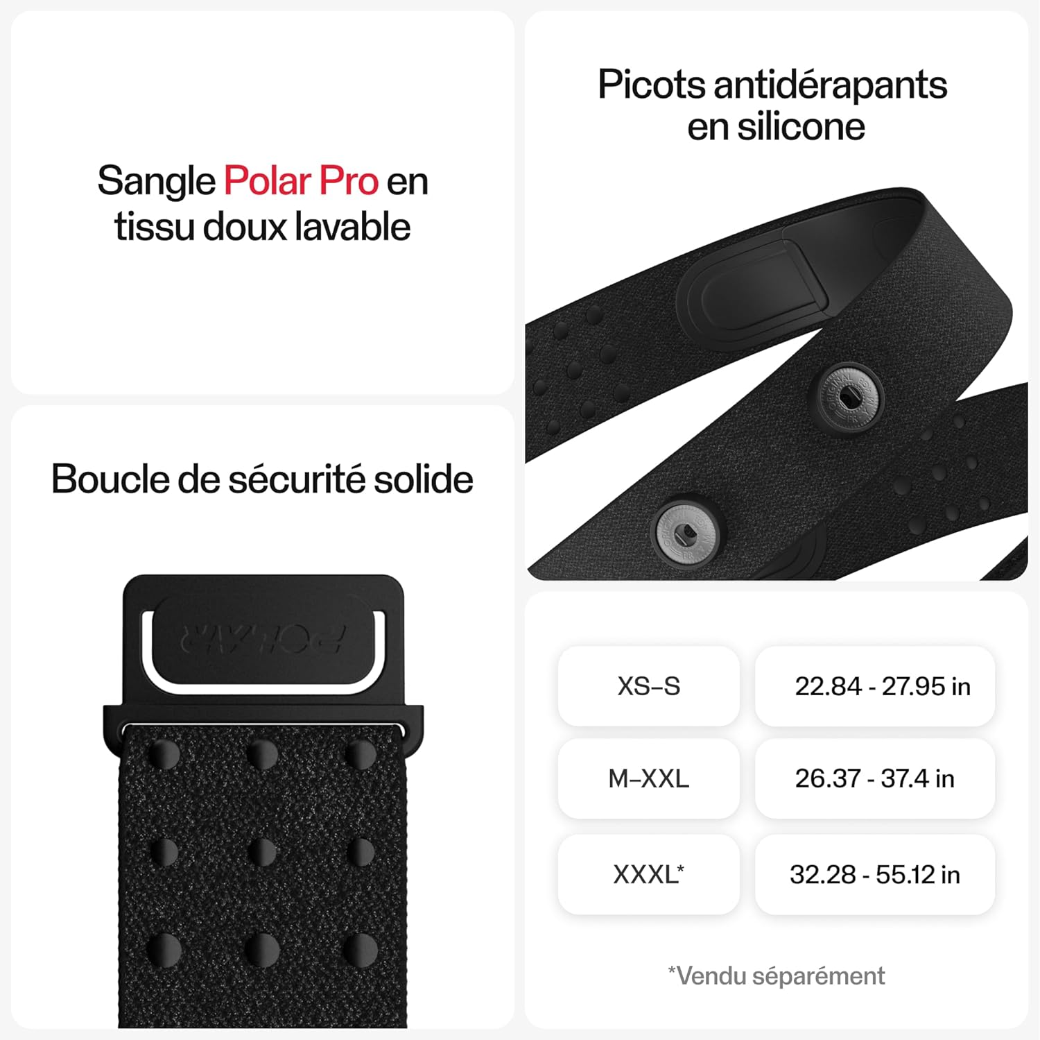 Polar Pro chest strap with soft washable fabric, secure buckle, and silicone anti-slip grips, available in multiple sizes for a perfect fit.