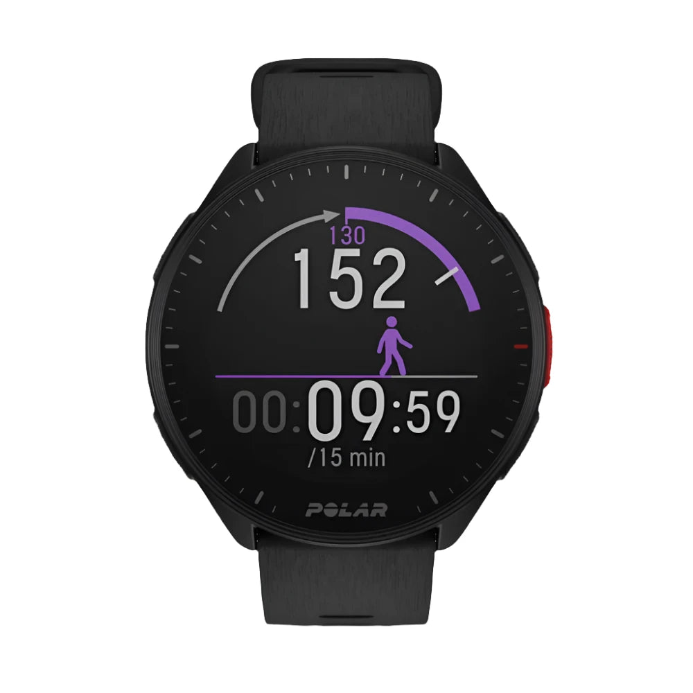 A Polar Pacer smartwatch with a round face displaying fitness tracking information, including heart rate, step count, and time elapsed during a workout. The display is black with white and purple elements. The watch has a black casing and a matching black strap with a buckle closure. The side of the watch features a red button and textured black grips.