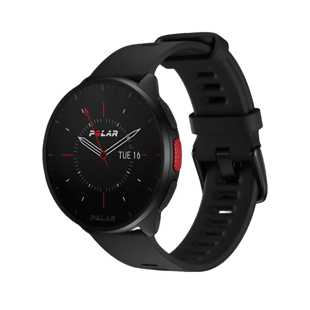 A Polar Pacer smartwatch with a round face displaying a traditional analog-style clock interface with white hour markers, red minute and second hands, and the date. The watch has a black casing and a matching black strap with a buckle closure.