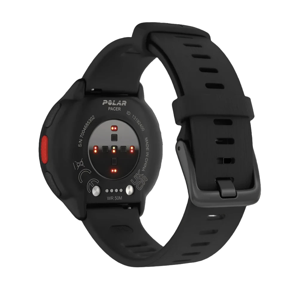  The back view of a Polar Pacer smartwatch with a black strap. The heart rate sensors and charging ports are visible on the back of the watch. The strap has a buckle closure and multiple adjustment holes for a secure fit. The watch’s branding and specifications are visible on the back casing, which also features a red button and black textured grips on the sides.