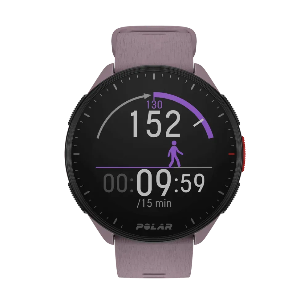 A Polar Pacer smartwatch with a round face displaying heart rate, step count, and time elapsed during a workout. The display is black with white and purple elements. The watch has a black casing and is paired with a purple strap, which has a buckle closure. The design emphasizes fitness tracking and health monitoring.