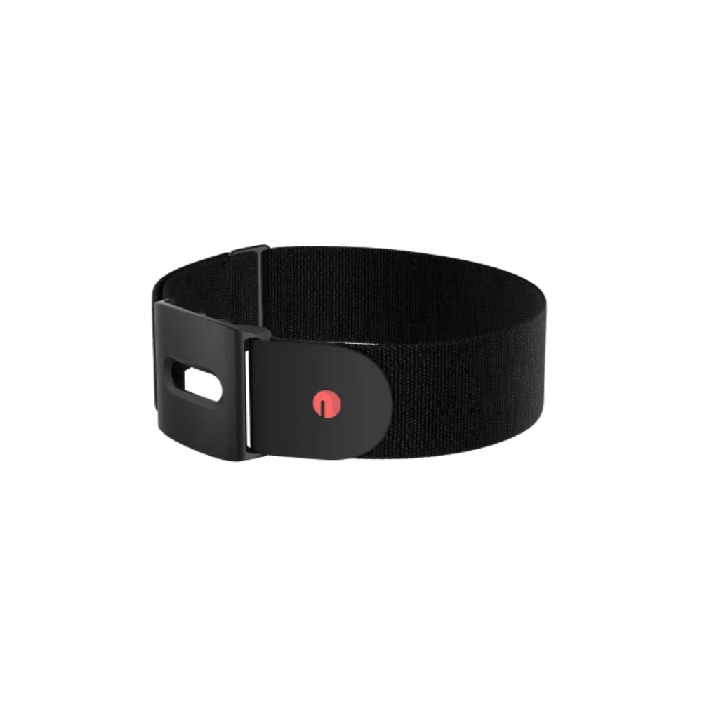  A black adjustable strap for a Polar optical heart rate sensor. The strap features a red power button on a small black casing segment, designed to attach to the heart rate sensor module. The strap is made of a flexible material with an adjustable buckle for a secure and customized fit around the chest or upper arm.