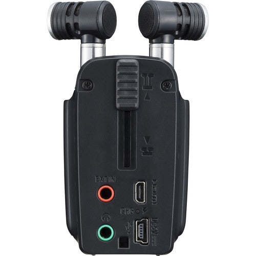 Zoom Q4n Handy Video Recorder rear view showing EXTLN, HDMI, USB, and PHONES ports with two microphones on top.