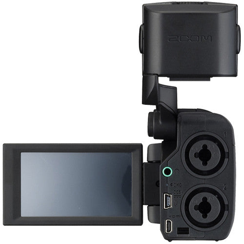 Rear view of the Zoom Q8 Handy Video Recorder with the LCD screen flipped open, showing the dual XLR/TRS combo inputs, USB port, and the display for easy access and monitoring.