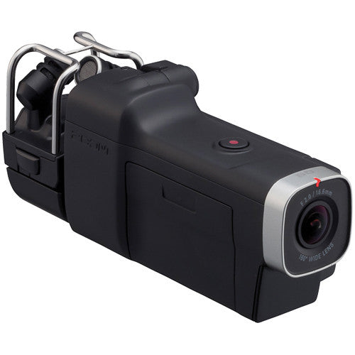 Zoom Q8 Handy Video Recorder, showing its compact design with an external microphone attachment and wide-angle lens.