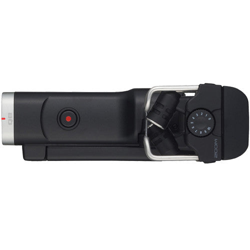 Top view of the Zoom Q8 handy video recorder with its microphone attached.