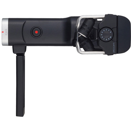 Side view of the Zoom Q8 handy video recorder with its LCD screen extended and the microphone attached.