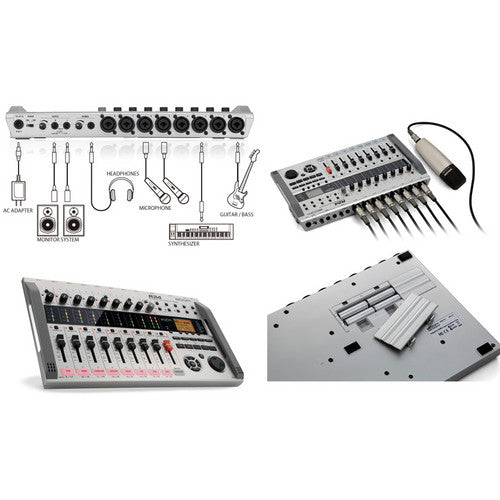 - A multi-angle view of a professional audio interface featuring multiple input and output connections. The image displays the top view with various jacks and ports, a side view showing the connection of multiple cables, a perspective view highlighting the control panel with faders and knobs, and the bottom view with a stand or mounting mechanism.