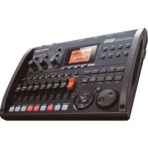 Zoom R8 portable multitrack recorder featuring a compact design with various controls, a built-in display, multiple input/output options, faders, and buttons for easy recording and editing on the go.