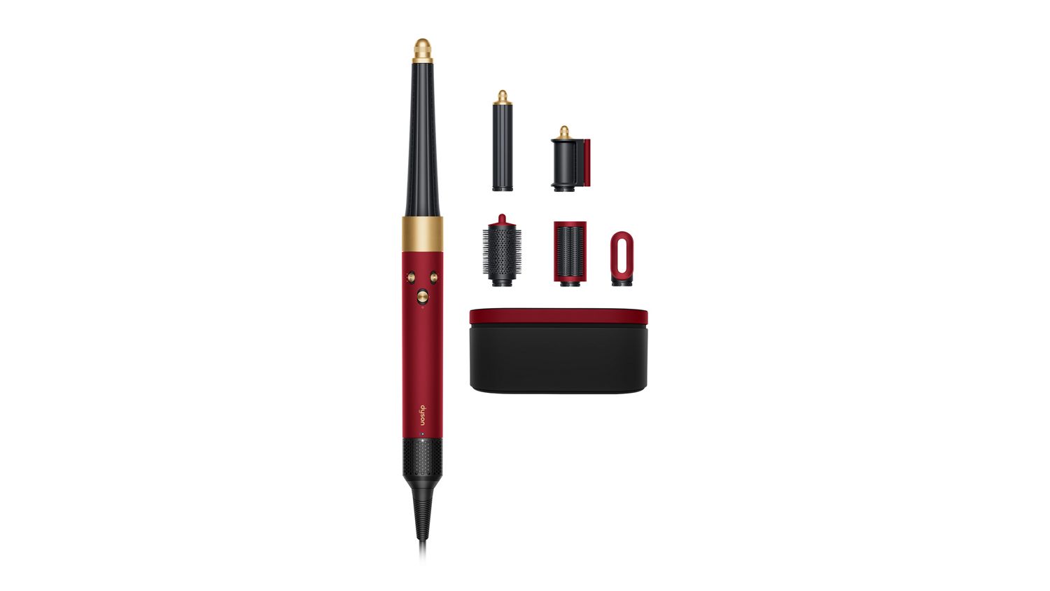 A luxury hair styling set featuring a sleek red and gold hair wand alongside various attachments, including a curling barrel, volumizing brush, smoothing brush, and an airflow concentrator. The set is complemented by a stylish storage case, providing an elegant solution for organized and versatile hairstyling.