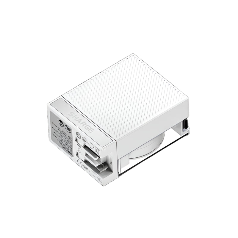 Sharge transparent power adapter in white, shown from the bottom angle, featuring a sleek ribbed surface, multiple charging ports, and certification labels. The design highlights its compact and functional build for efficient charging.