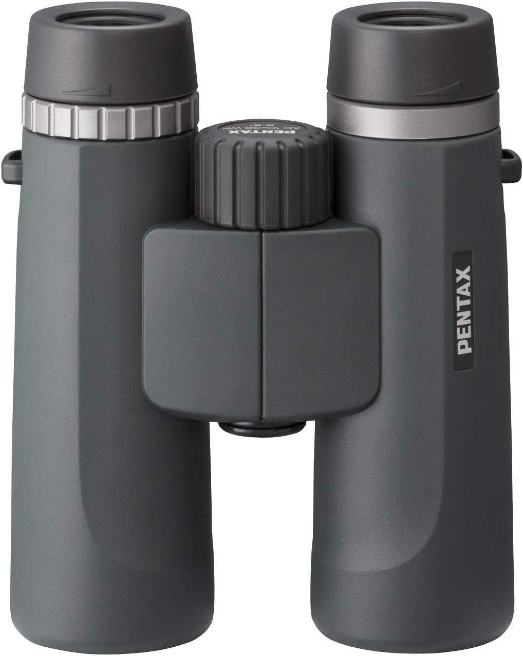  A top-down view of Ricoh Pentax AD 10x36 WP binoculars. The binoculars have a sleek, ergonomic design with a matte green finish. The central focusing wheel is positioned between the two barrels, which are designed for comfortable handling. The Pentax branding is prominently displayed on the side of the right barrel. The eyepieces are uncapped, and the binoculars emphasize durability and high-quality optics for an enhanced viewing experience.