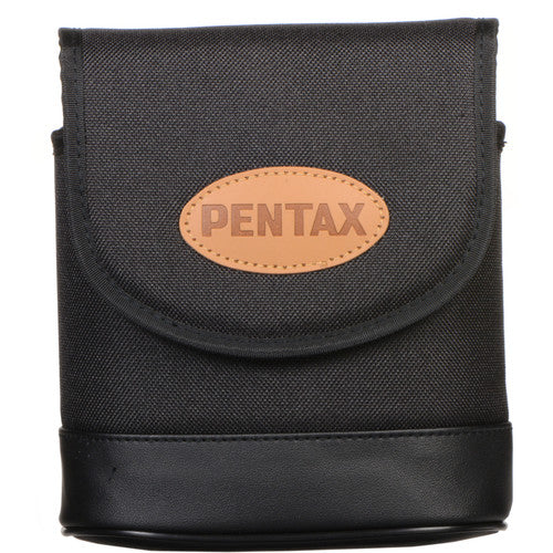 A black Pentax carrying case designed for binoculars. The case features a flap with a Velcro closure and a tan oval patch with the Pentax logo prominently displayed on the front. The bottom part of the case has a smooth, reinforced material for added durability. The design is compact and functional, providing protection and easy portability for the binoculars.