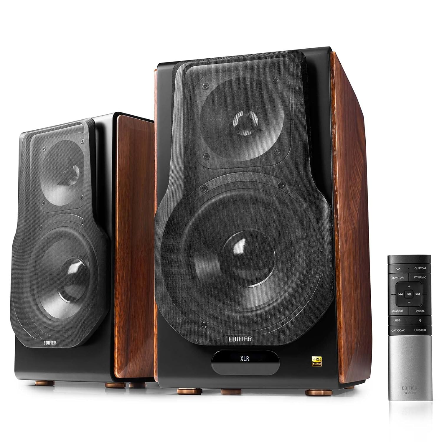 Edifier premium 2.0 speaker system with a stylish wood finish, featuring powerful drivers and an included remote control for easy sound customization, ideal for high-fidelity audio experiences.