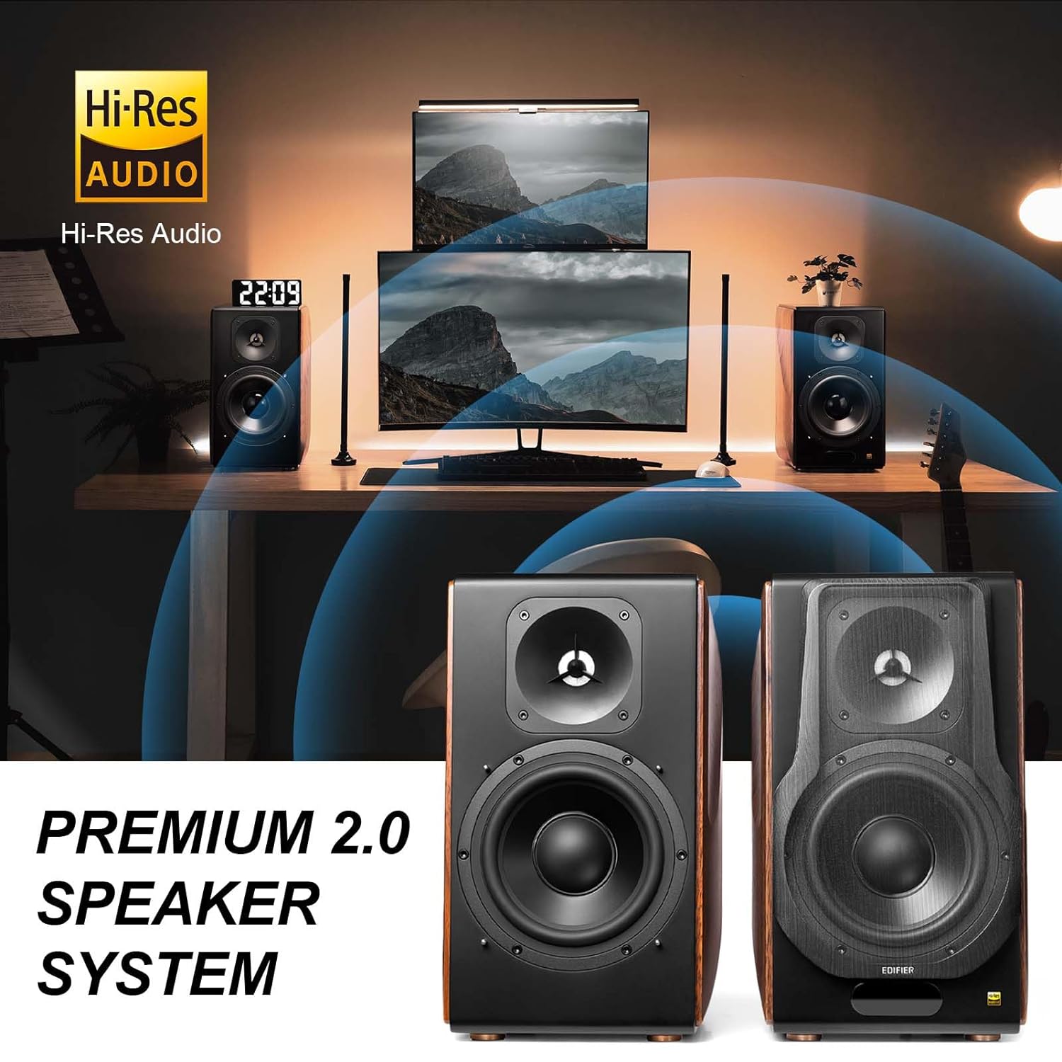 Premium 2.0 Hi-Res Audio speaker system setup featuring sleek, high-performance speakers on a desk, delivering immersive sound quality for a refined listening experience.